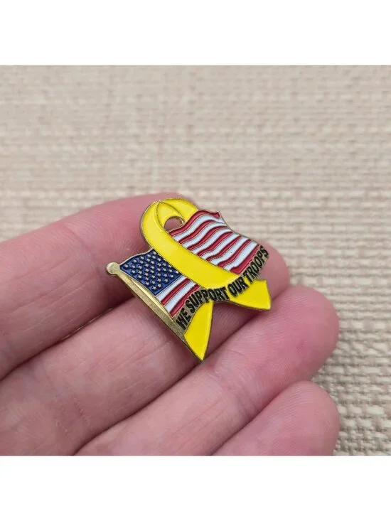 Support Our Troops Yellow Ribbon & US Flag Enamel Lapel Pin A7355 - Picture 2 of 5
